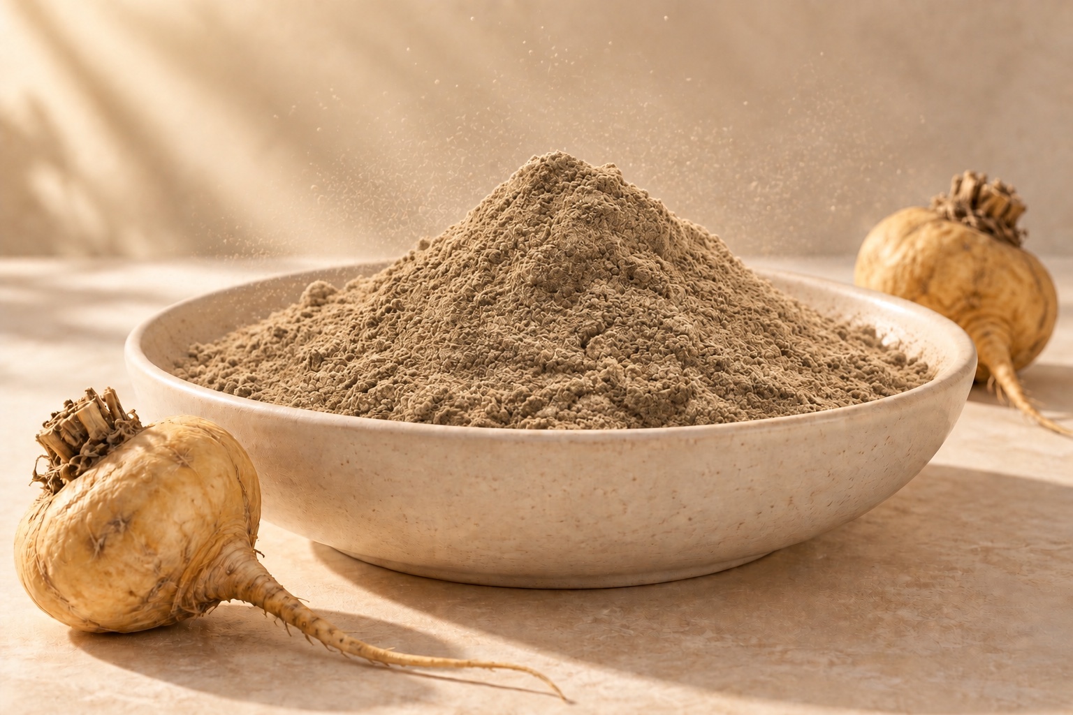 Composição ilustrativa com maca em pó fino marrom-bege e pequenos grumos em prato de cerâmica, ao lado de raízes de maca